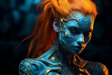 Futuristic alien creature with glowing blue skin and intricate body art