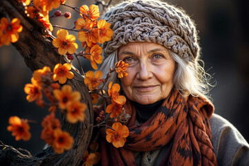 Elderly woman wearing knit hat and surrounded by orange flowers.