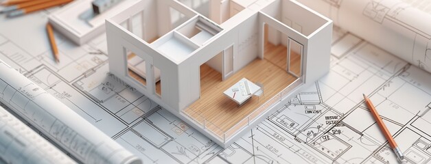 3D illustration of an interior design drawing with a white model apartment on construction paper, using a compass and pencil in the style of blueprints and technical drawings.