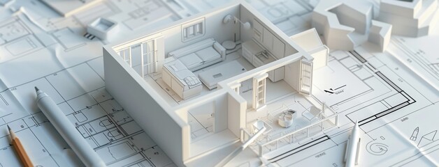 3D illustration of an interior design drawing with a white model apartment on construction paper, using a compass and pencil in the style of blueprints and technical drawings.
