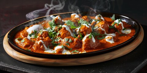Fiery Temptation: A Bowl of Red Curry with a Drizzle of White Sauce and Fresh Green Herbs.