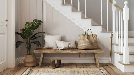 Wooden bench against grey wall and staircase. Scandinavian, rustic farmhouse interior design of modern entryway