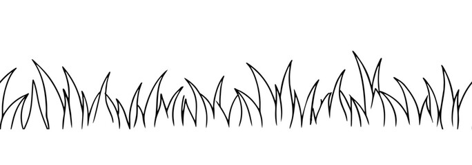 Panoramic seamless grass line. Meadow sketch, hand drawn grass border, garden ink outline scribble field. Simple vector illustration in doodle style. Isolated on white.
