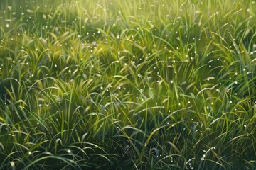 Naklejka na ściany i meble Raindrop Symphony: A Sunlit Meadow of Dewy Grass, Illuminated by Dappled Tree Shadows.