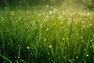 Obraz premium Glistening Serenity: A Field of Rain-Drenched Grass, Sunlight Peeking Through the Trees.