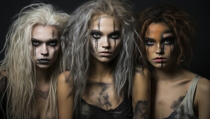 dark gothic fashion portrait of three young women