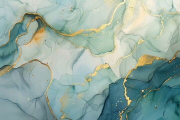 Azure Majesty: A Breathtaking Painting of Mountain Peaks, Adorned with Gilded Accents.