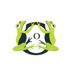 logo design, two frogs holding hands above the letter "O", simple vector logo for a frog website, using a 