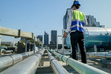 A young engineer checks equipment on a rooftop amidst urban skyline, clipboard in hand, ensuring...