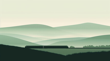 Simple illustration of modern train with mountains.