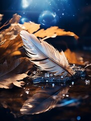 Ethereal feather and water droplets in starry night