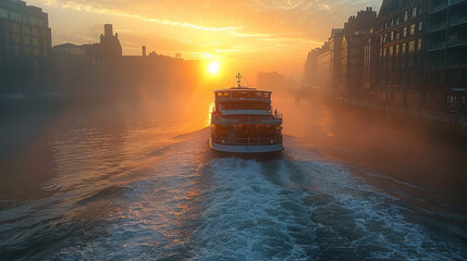Sunrise cruise in urban canal
