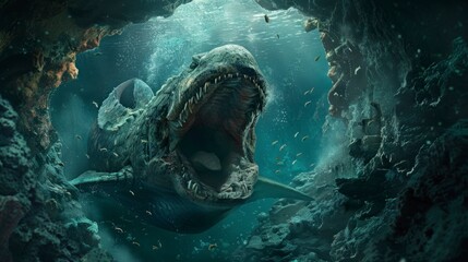 giant sea monster with open mouth under the sea in high resolution and high quality