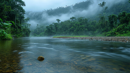 Mystical mist over tranquil rainforest river