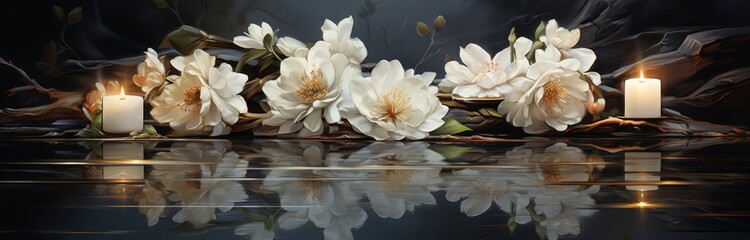 Elegant floral arrangement with white peonies and candles reflected in water