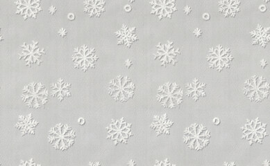 Seamless white decorative mesh texture for decoration with snowflakes. Winter and Christmas creative decoration material background.