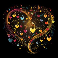 Colorful heart-shaped music notes and symbols on dark background