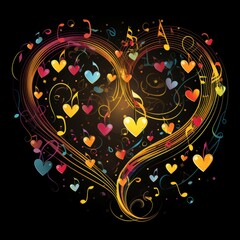 Naklejka premium Colorful heart-shaped music notes and symbols on dark background