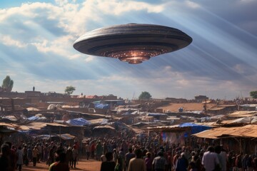 Mysterious UFO hovering over crowded marketplace