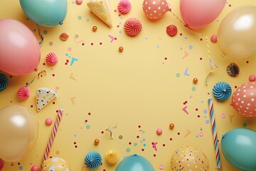 Festive Birthday Celebration: Top View Frame of Balloons and Party Decorations on Pastel Yellow Background