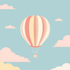 Hot air balloon  flying in blue cloudy sky.