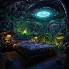 Surreal fantasy bedroom with glowing mushrooms and otherworldly landscape