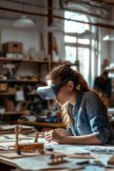 Female Engineer Focused on 3D Model with AR Glasses in Modern Workspace