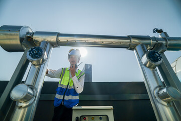 Engineer in safety gear conducts inspection on large industrial water tanks on a building rooftop....