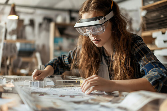 Close-Up of Female Craftsperson Navigating 3D Holographic Design with AR Glasses