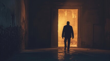 Man silhouette walking away in the light of opening door in dark, soft light photography
