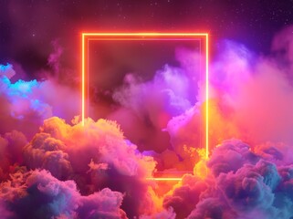 Fototapeta premium 3D render, abstract neon background with glowing square frame in the clouds of smoke and fog, night sky.