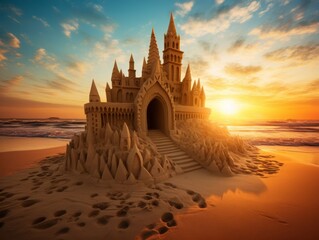 Majestic sand castle at sunset