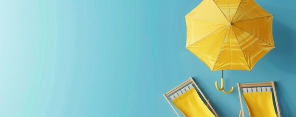 3D render, minimal summer background with beach umbrella and chairs on a blue pastel color.