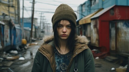 Obraz premium Serious young woman in winter coat and hat standing in alley