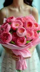 free space on the left corner for title banner with realistic photo of big round bouquet of pink peony-shaped