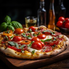 Delicious homemade pizza with fresh tomatoes and basil