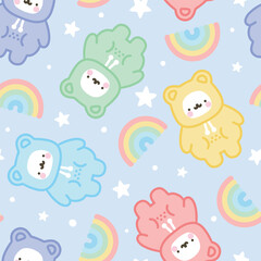 Cute hand drawn polar bear with kawaii stars and rainbow and dots blue background in a colorful adorable violet, pink , green, red, yellow warm pajama or hoodie, bedding desigh seamless pattern