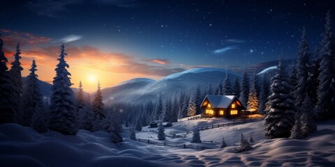 Cozy winter cabin in snowy forest at sunset
