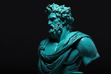 Dramatic turquoise statue of a bearded male figure