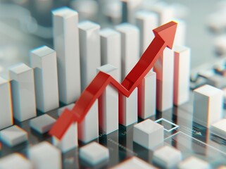 3D render of a graph arrow pointing upwards on a white background, a bar chart with a red line and an orange arrow pointing upwards, representing rising sales or business growth.