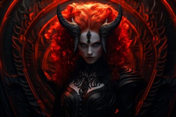 Demonic female fantasy character with red hair and horns