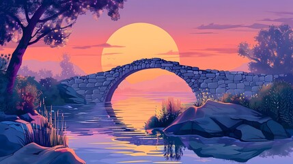 Small stone bridge over the calm river at sunset time vector art illustration background
