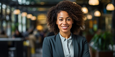 Confident young professional woman smiling in office