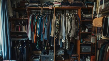 Messy wardrobe with different clothes, Fast fashion concept