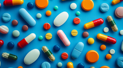Top view: assorted pills scattered on blue background, representing varied medications