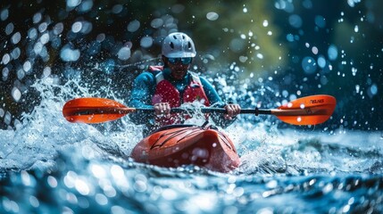 A man balancing on a kayak as it glides through the water.