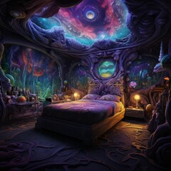 Enchanting cosmic bedroom with surreal decor