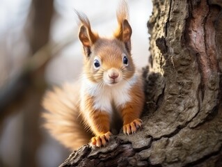 Obraz premium Curious Squirrel Peeking Out from Tree Bark