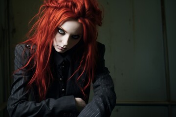 Mysterious woman with striking red hair and intense gaze