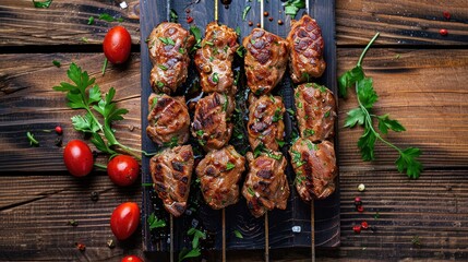 Turkish adana kebab on Skewers from Raw mince lamb and beef meat, shish kebab. Wooden background....